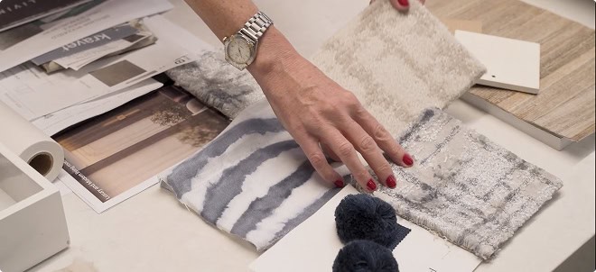 Colorful fabric samples for interior design and home decor projects.