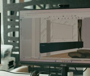 Blueprint design on computer screen for interior architecture projects.