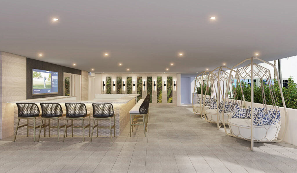 Modern outdoor lounge with stylish swing chairs and bar area at Brown Design Group.